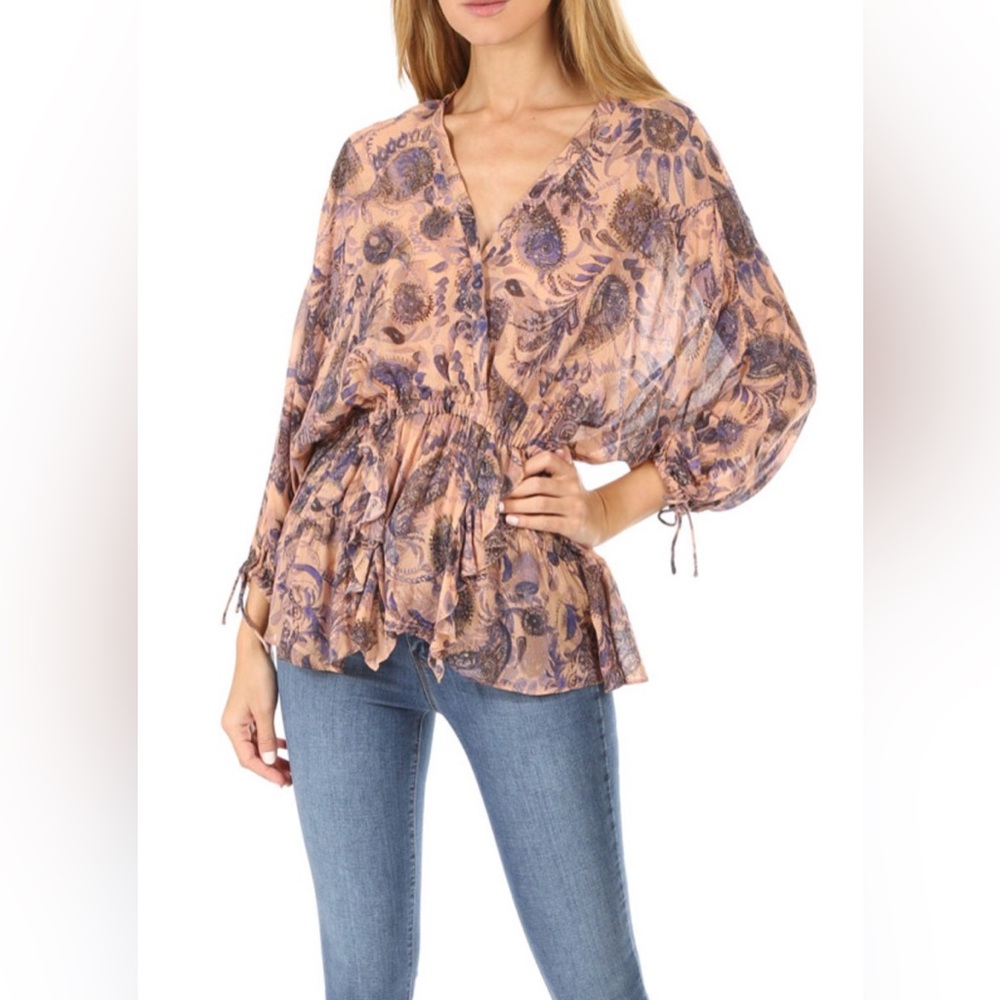 IRO Equable Blouse Women Size 40 US Large Flowy Floral Ruffles‎ Boho Blue Cream